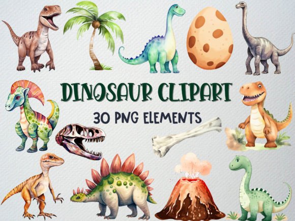 Download Watercolor Dinosaur Clipart Set, 30 PNG - Dinosaur clipart Collection