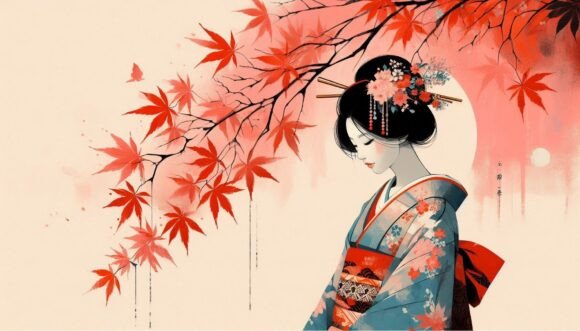 Download Kimono Girl Under Maple Leaves in Acryli - Kimono girl Collection